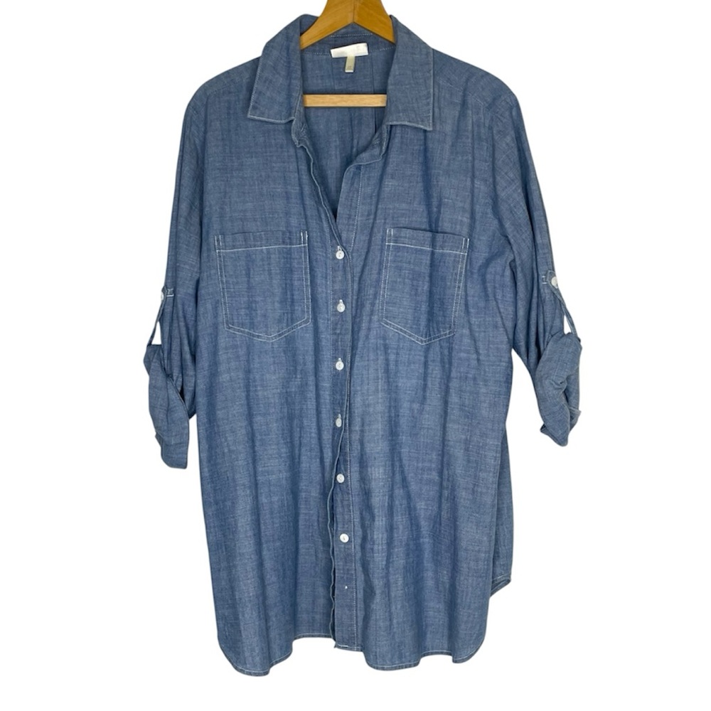 Hester & Orchard Blue Chambray Button Down Tab sleeve Blouse Size 1X